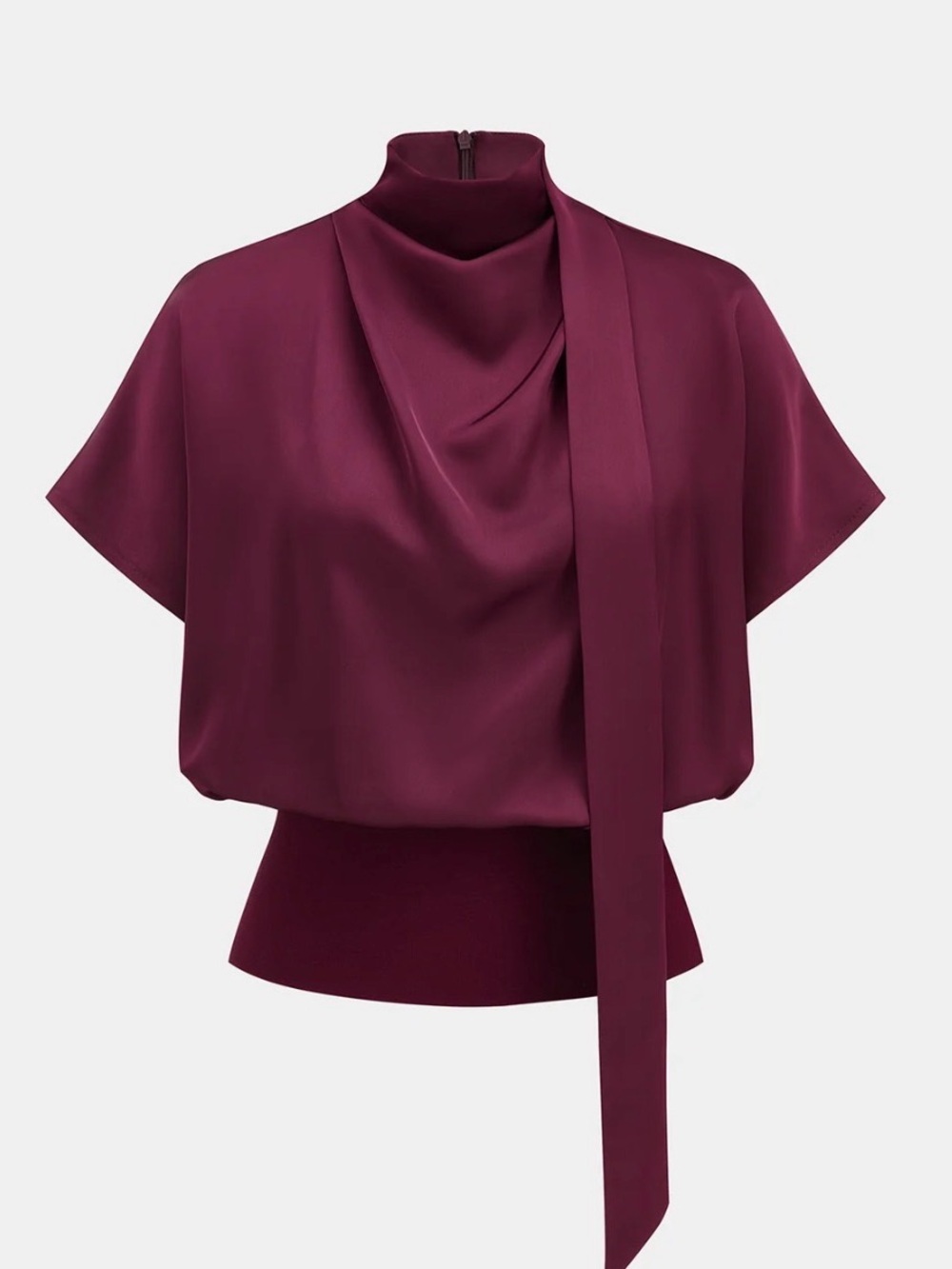 Draped Satin Mock Neck Blouse with Tie
- Burgundy